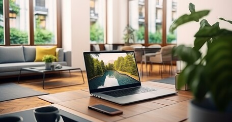 A Modern Laptop Seamlessly Blending into the Decor of a Coffee Table in an Up-to-Date Flat