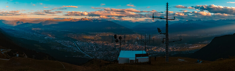 High resolution stitched alpine sunset or sundowner summer panorama at the famous Nordkette...