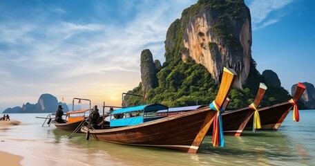 A Serene Display of Longtail Boats Resting on the Shore. Generative AI