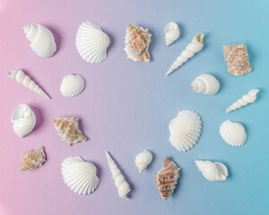 Creative composition with seashells on gradient pastel pink and blue background. Summer minimal concept.