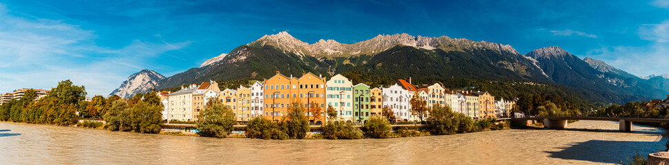 High resolution stitched alpine summer panorama with the famous Nordkette mountains near Innsbruck,...