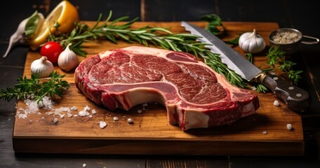 The Raw Beauty of a Tomahawk Steak Accompanied by Garlic and Garden Herbs. Generative AI
