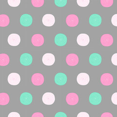 Seamless pink and green pattern of casual hand drawn circles on gray backdrop. Textured abstract print for paper and fabric.