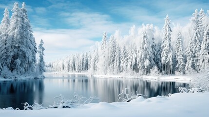 A serene winter wonderland, featuring a snow-laden forest with a calm lake reflecting the clear blue sky.
