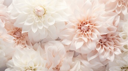 Close-up of soft white dahlia flowers showcasing their intricate petal patterns and subtle pink hues.
