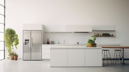 A minimalist white kitchen interior design accented with lush green plants, creating a fresh and clean ambiance.
