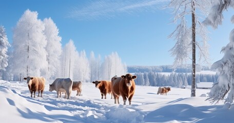 Cows in the winter, among the snowy trees. Generative AI
