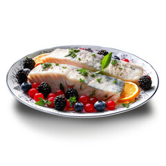 a plate of backed fish with berries on transparent background created with Generative Ai