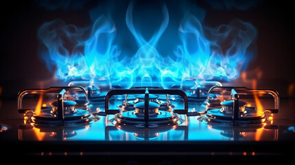 Kitchen gas stove burner with blue flame