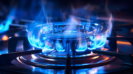 Kitchen gas stove burner with blue flame