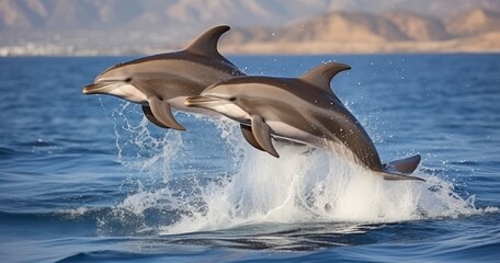 The Spectacular Display of Two Common Dolphins Breaching in Unison. Generative AI
