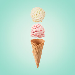 Creative composition made with ice cream scoopes and ice cream cone on bright background. Minimal food styling concept.
