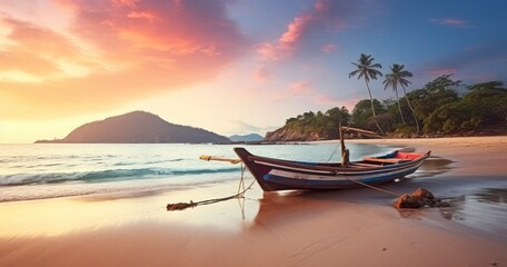 Fototapeta na wymiar A Fisherman's Boat Moored on the Sands of a Tropical Beach Under a Setting Sun. Generative AI