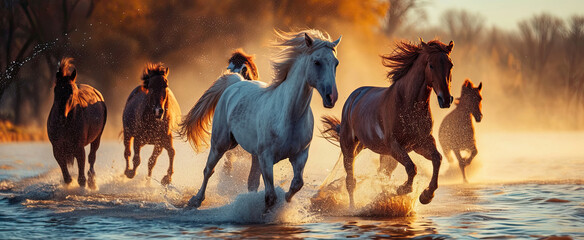 A group horse running across a lake. - obrazy, fototapety, plakaty