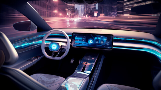The interior of luxury car night, showcasing sleek steering wheel, modern illuminated dashboard with digital displays against a backdrop of bustling city traffic. Cutting-edge technology of the future
