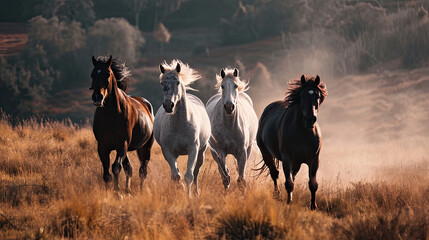 group of horses are running through a field. - obrazy, fototapety, plakaty