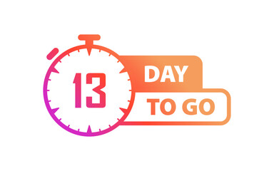 Day to go sign. Flat, orange, 13 day to go sign, stopwatch icon. Vector icon