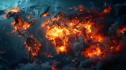 Dark world map, full covered with oil, carbon and smoke, burned and destroyed by fire, abstract conceptual illustration of global warming and environmental disaster on Earth - obrazy, fototapety, plakaty
