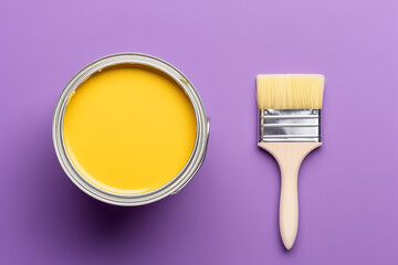 paint brushes and paint can. Trendy 2021 yellow and 2022 Very Peri purple. yellow oil paint. Monochrome set of paints in metal jars for renovation works: yellow pigments on purple background. Flat lay - Powered by Adobe