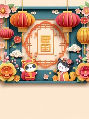 Fototapeta premium Chinese New Year Festival Illustration Paper Art Paper Cut background, Cute Style generative ai ART