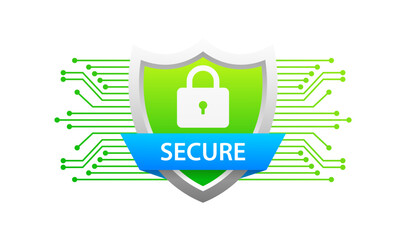 Secure icon. Flat, green, lock for key inside shield, secure sign. Vector icon