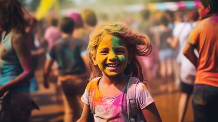 Happy young people Dancing and celebrating during Music and Colors festival. the Holi Festival