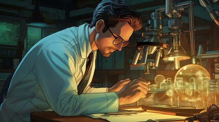 Close-up of a scientist, biologist in a laboratory. Medical equipment, bacteria, lab, microscope. Hospital, medicine, health. For design and graphic creation. - obrazy, fototapety, plakaty