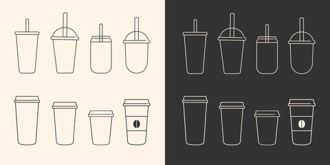 Coffee cup icon set isolated.Plastic cup icons collection.Disposable mug of different shapes and sizes.Plastic container for hot,cold drink,juice, tea.Ideal for logo,menu. Vector illustration EPS 10