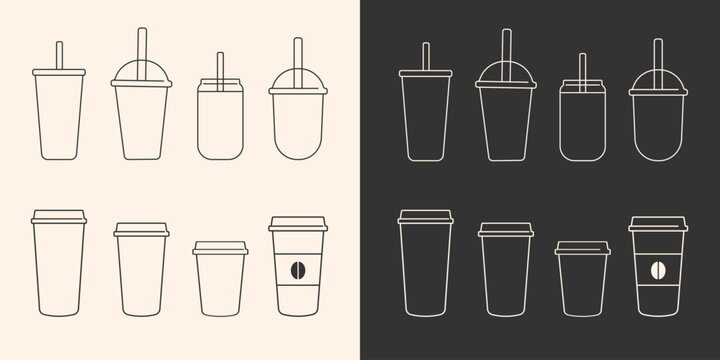 Coffee cup icon set isolated.Plastic cup icons collection.Disposable mug of different shapes and sizes.Plastic container for hot,cold drink,juice, tea.Ideal for logo,menu. Vector illustration EPS 10