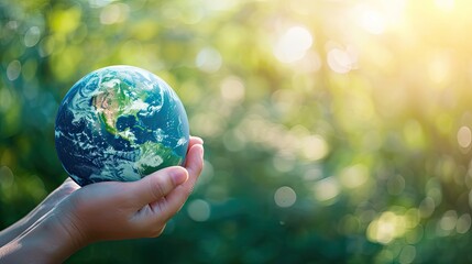 Sustain earth concept: Human hands holding global over blurred blue nature background