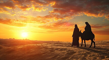 Silhouette Mary and Joseph journeying through the dessert with a donkey on sunset looking for a place to stay