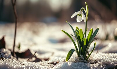 a snowdrop with its leaves on the snowy field 