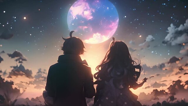 Cute couple watching a beautiful sparkling sky. A couple in love looks at the stars. Valentine's Day. Color illustration. Sparkling galaxy. Romantic Valentine Love