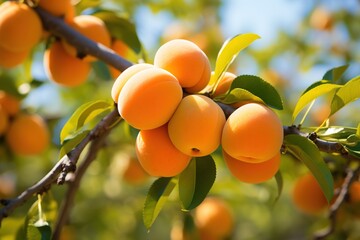 A ripe yellow apricot fruit on a branch of a tree with green leaves, in an orchard. Image for advertising, banner