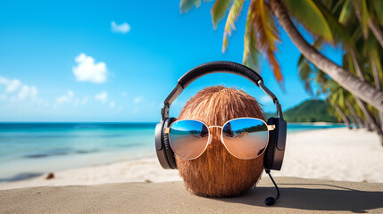 Ripe coconut in sunglasses and headphones on the beach of the Caribbean sea. The tour operator provides consultations. Free space for your text.