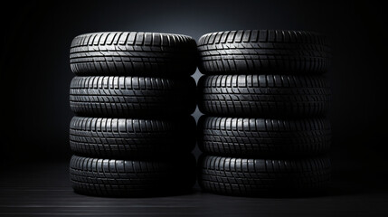 Fototapeta na wymiar New tires pile on a dark black background.