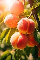 Ripe peach close-up with peach orchard in the background. Image for advertising, banner