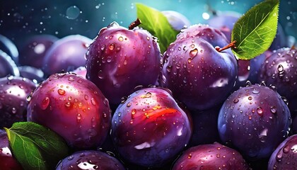 Close-up of many wet plum fruits. Selective focus