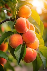 Ripe peach close-up with peach orchard in the background. Image for advertising, banner