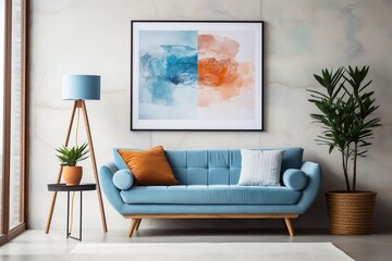 Blue and orange living room interior with sofa, plants, and paintings