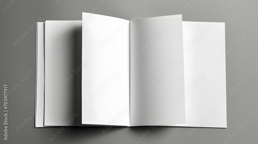 Wall mural open and closed blank brochures on grey background, top view. mock up for design