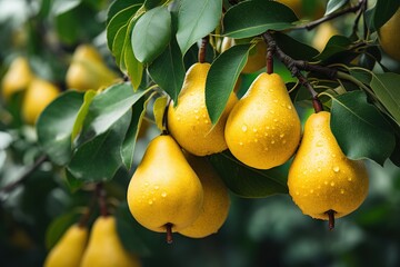 Ripe pear fruits on a branch of a tree with green leaves, in an orchard. Image for advertising, banner