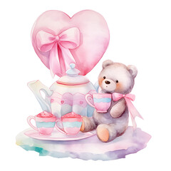 Obraz na płótnie Canvas A charming watercolor portrayal of a teddy bear enjoying a delightful dessert, capturing innocence and sweetness in artistry.