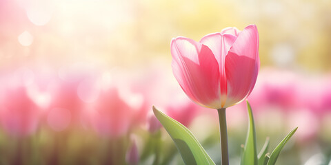 beautiful pink Tulip on blurred spring sunny background, Ai generated image