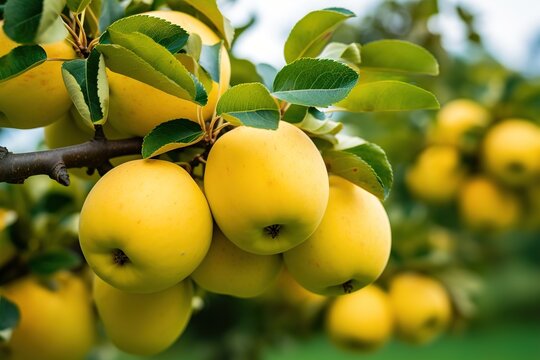 Yellow Apples hanging on a branch in the orchard. Image for advertising, banner
