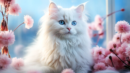 Beautiful white cat with blue eyes and pink flowers on the window