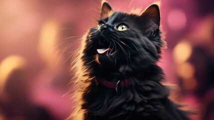 Cute black cat on bokeh background, close-up