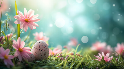 Easter background with an easter egg and pink spring flowers
