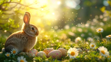 Selbstklebende Fototapeten Easter bunny sitting with easter eggs on a green spring meadow with daisy flowers, warm sunlight is shining © Flowal93