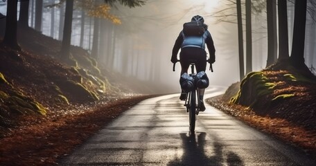 Cyclist on a bicycle riding along a foggy forest road. Generative AI